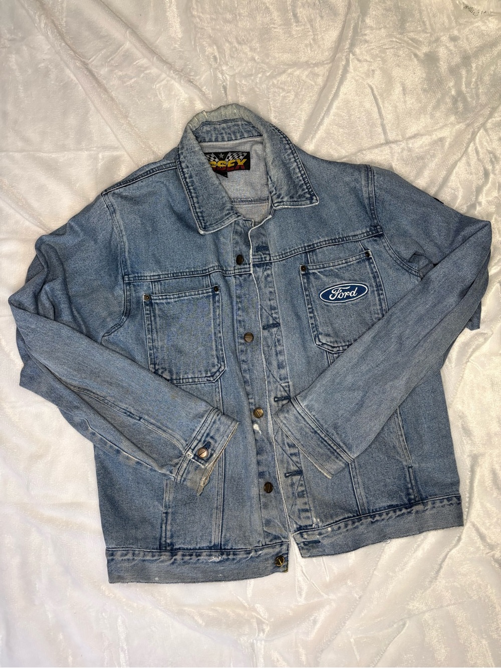 Vintage 90s Essex Ford Racing Distressed Denim Jacket Men’s XL